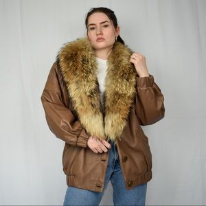 J Percy for Marvin Richards Brown Leather with Fur Trim Bomber Jacket